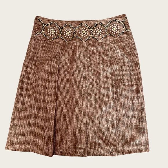 NWT Ann Taylor brown pleated a-line skirt w embroidered waist size 8 - Picture 3 of 8